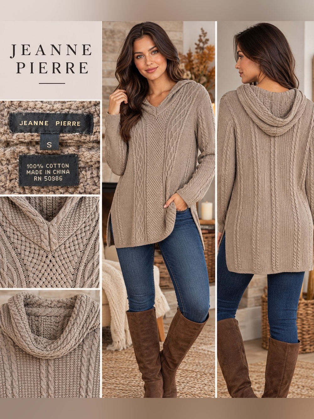 JEANNE PIERRE Taupe Cable-Knit Crewneck Sweater
